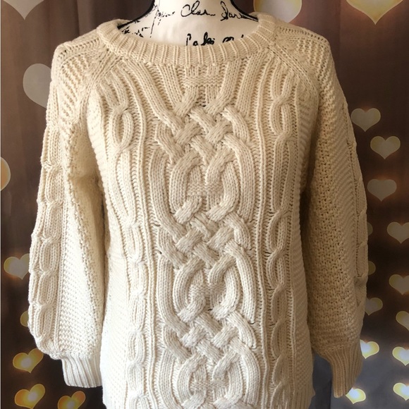 Sweater cable knit lantern sleeve cream white womens long sleeve top - Picture 13 of 14